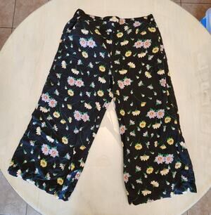 Loft Women's SZ Large Linen Floral Wide Leg Pants